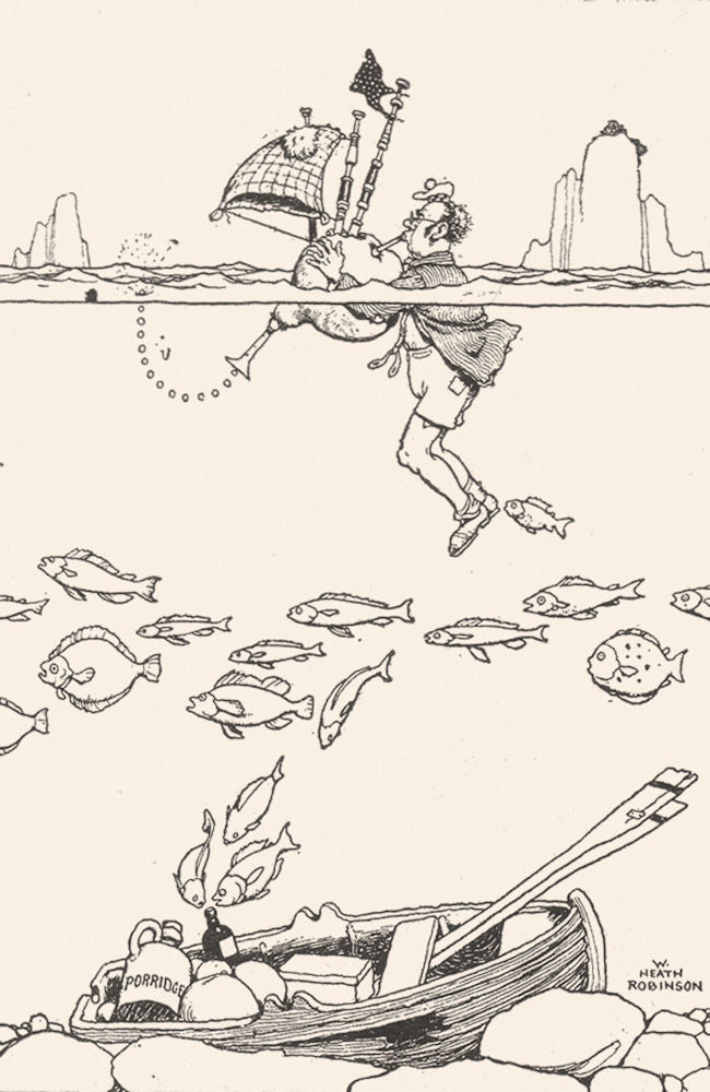 HEATH ROBINSON. Loch Lomond. an averted tragedy.Bagpipes bouyancy aid.SMALL 1935